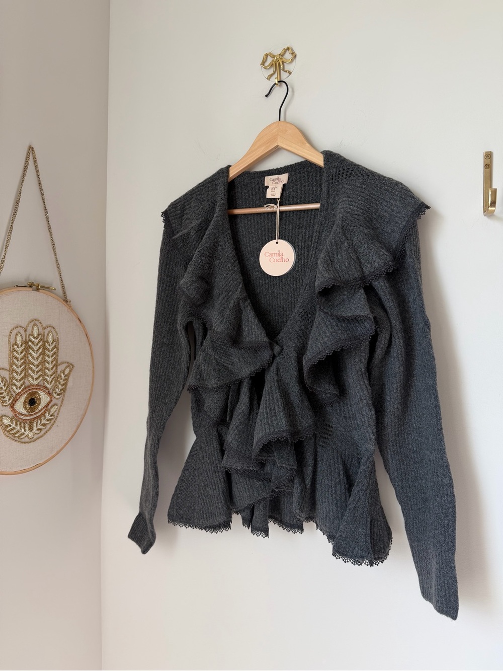 Camila Coelho Dark grey Ruffle front lace trim Cardigan Sweater